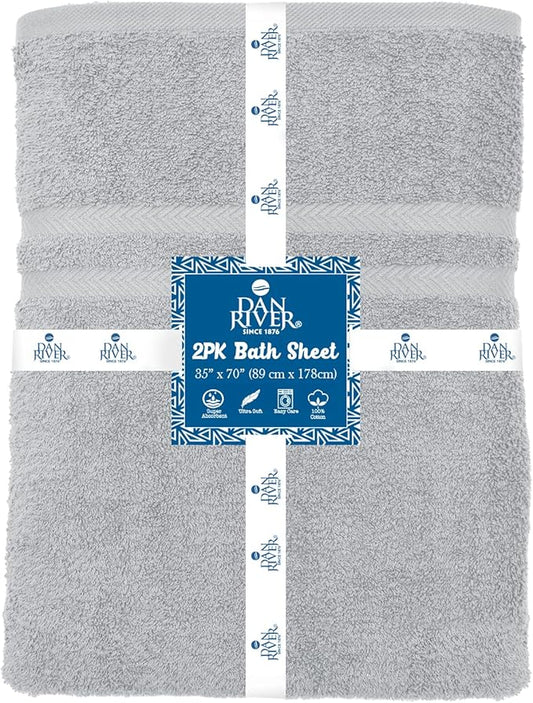 DAN RIVER 2 Pack Luxury Bath Sheets 35x70, 600 GSM, Soft & Quick Dry 100% Ring Spun Cotton Towels Ideal for Hotels, Spas, Gyms & Salons Extra Large, Silver