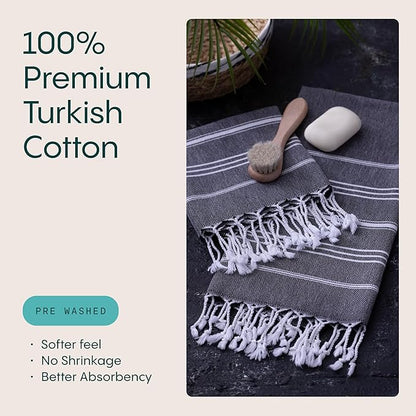 WETCAT Turkish Hand Towels with Hanging Loop, Set of 2 (20" x 30") 100% Turkish Cotton, Pre-Washed, Quick Drying, for Kitchen or Bathroom - Black