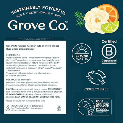 Grove Co. Multi Purpose Cleaner, Refill Concentrate (2 x 1 Oz) + Glass Spray Bottle (16 Oz), Plant-based Household Cleaning Supplies Bundle, No Plastic Waste, 100% Natural Lemon & Eucalyptus Scent
