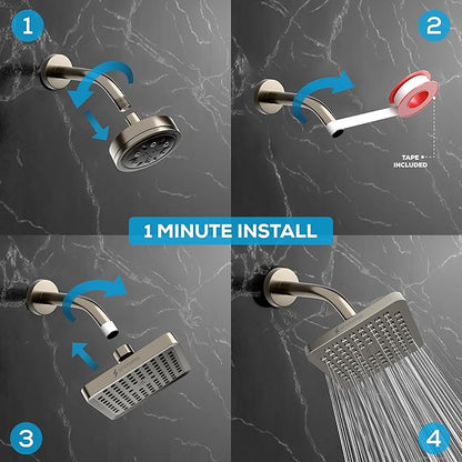 SparkPod Shower Head - High Pressure Rain - Premium Quality Luxury Design - 1-Min Install - Easy Clean Adjustable Replacement for Your Bathroom Shower Heads (Elegant Brushed Nickel, 6 Inch Square)