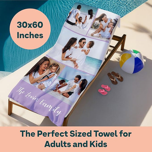 Winslow & Brody Ships Next Day - Personalized Beach Towel for Kids & Adults - Printed in USA - Custom Towels with Picture and Text - Quick Dry Pool Towels - Cotton/Poly Blend - 30" x 60" - 5 Photos