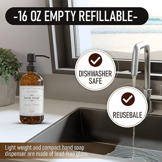 2 Pack Amber Glass Soap Dispenser 16 OZ with Matte Black Stainless Steel Pump, Hand and Dish Soap Dispenser Set for Bathroom and Kitchen Sink with 6 Waterproof Labels