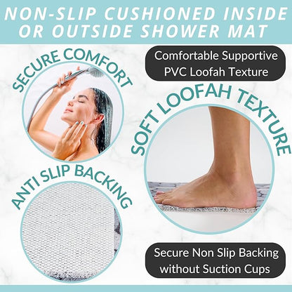 ENKOSI Loofah Non-Slip Shower and Bath Mat - Soft Cushioned Comfort - No Suction Cups for Smooth or Textured Tubs - Fast Draining - Safety for Bathroom, Family, Kids, and Elderly (24x16 Pebble Blue)