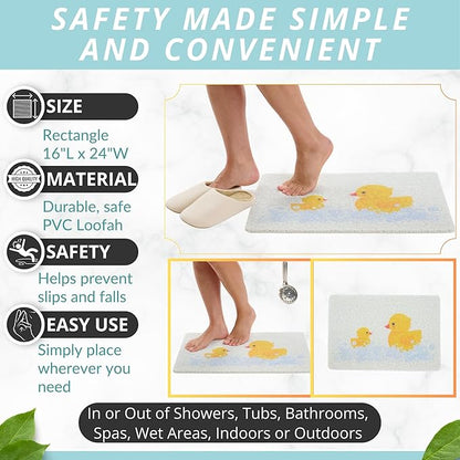 ENKOSI Loofah Non-Slip Shower and Bath Mat - Soft Cushioned Comfort - No Suction Cups for Smooth or Textured Tubs - Fast Draining - Safety for Bathroom, Family, Kids, and Elderly (24x16 Duck)