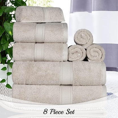 Superior Egyptian Cotton Pile 8 Piece Towel Set, Includes 2 Bath, 2 Hand, 4 Face Towels/Washcloths, Ultra Soft Luxury Towels, Thick Plush Essentials, Guest Bath, Spa, Hotel Bathroom, Stone