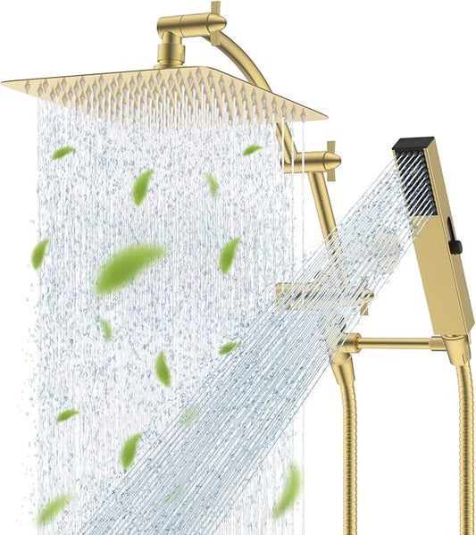 Hibbent All Metal CUPC Certified 10'' Rain Shower Head, Dual Shower Head Combo, High Pressure Handheld 4 Sprays Shower Wand, 16'' Adjustable Extension Arm, 71'' Hose, Shower Holder, Brushed Gold
