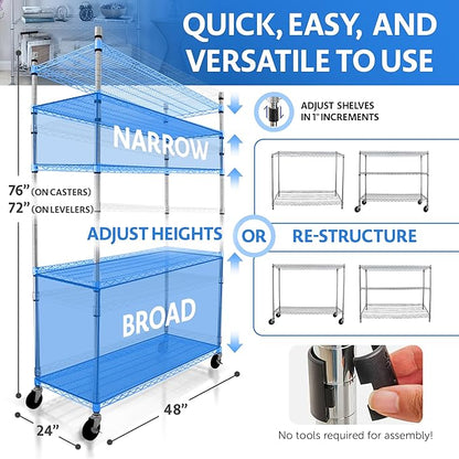4000 LBS Heavy Duty Metal Shelving Unit – 36x18x76 NSF 5-Tier Wire Rack with Wheels, Adjustable Garage Storage Shelves, Chrome Wire Shelving for Kitchen, Warehouse, Bakers Rack – Crescent