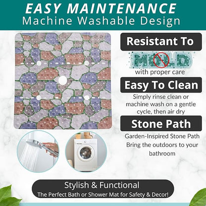 ENKOSI Square Shower Mat 27x27 inch - Anti Slip Shower Stall Floor Mat - Non Slip Shower Mats with Strong Secure Suction Cups and Drain Holes in Middle (27x27 Stone Path)