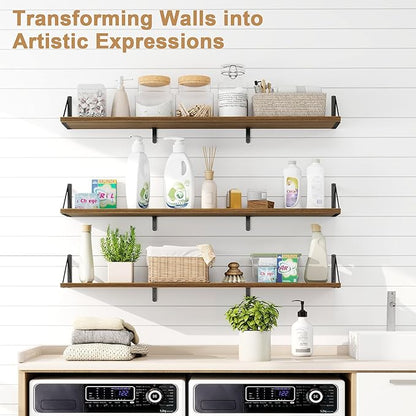 Fun Memories Extra Long Floating Wall Shelves, 48 x 8 Inches, Set of 3 Large Wood Floating Bookshelves with Metal Brackets for Storage & Display (Walnut)