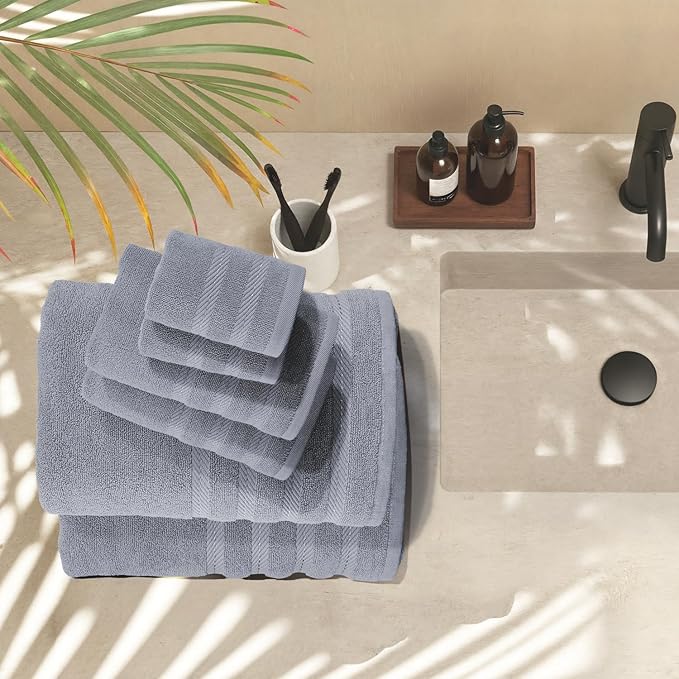 Hearth & Harbor Bath Towels for Bathroom - 100% Ring Spun Cotton Luxury Bathroom Towels - Soft & Highly Absorbent Bath Towels Set, 6 Piece Set, Stone Blue