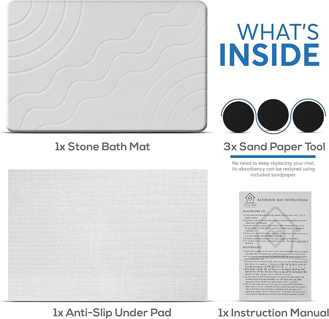 Stone Bath Mat – Quick Drying Diatomaceous Earth Bath Mat, Super Absorbent Bathroom Stone Mat, Non-Slip Shower Stone Mat, Modern Water Absorbing Bath Mat for Bathroom & Kitchen (23.6” x 15.3”, White)