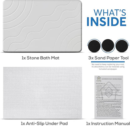 Stone Bath Mat – Quick Drying Diatomaceous Earth Bath Mat, Super Absorbent Bathroom Stone Mat, Non-Slip Shower Stone Mat, Modern Water Absorbing Bath Mat for Bathroom & Kitchen (23.6” x 15.3”, White)