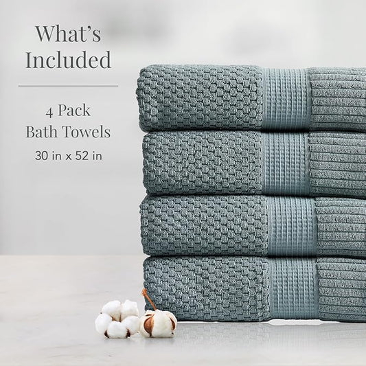 NY Loft 100% Cotton Bath Towel 4 Pack | Super Soft & Absorbent Quick-Dry Bath Towels 30" x 52" | Textured and Durable Cotton | Premium Thick Towels | 4 Pack Bath Towel - Stormy Sea