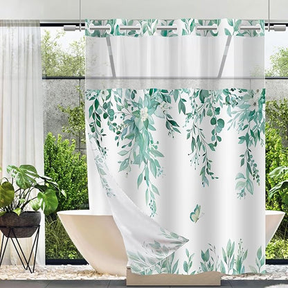 No Hook Shower Curtain and Liner Set, Teal Eucalyptus Floral Shower Curtains for Bathroom, Bath Curtain Sets with Snap in Liner, Waterproof with See Through Top Window, 71x84 Inches