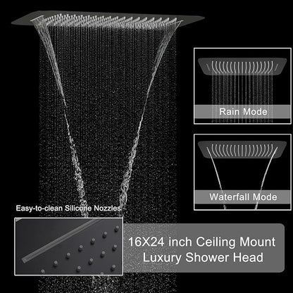 Matte Black Digital Display Shower System with 16X24 inch Ceiling Mounted Shower Head(Rain&Waterfall Modes), with Handheld Spray and 6 PCS Dual Modes Body Jet