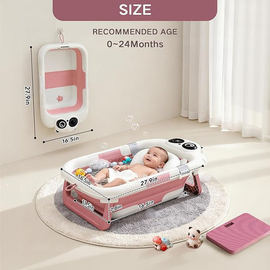 Collapsible Baby Bathtub for Newborn to Toddler (0-24 Months), Portable Baby Bath Tub for Travel, Newborn Bathtub with Soft and Supportive Cushion (Panda-Pink)