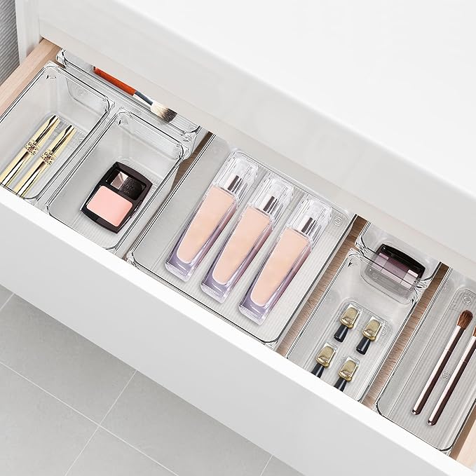 4 Pack Drawer Organizer - 3" X 9" Clear Acrylic Storage Bins with Non-Slip Pads, Versatile Desk Tray for Makeup, Jewelry, Kitchen, Bathroom, and Office Organization