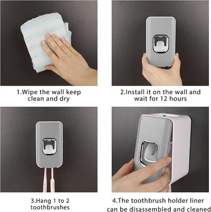 2 Slot Plastic Toothbrush Holder and Toothpaste Dispenser Wall Mounted, Automatic Toothpaste Squeezer, 2 in 1 Tooth Brush Toothpaste Organizer for Shower (Grey)