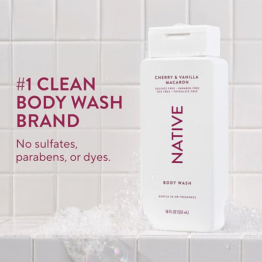Native Body Wash Contains Naturally Derived Ingredients | For Women & Men, Sulfate, Paraben, & Dye Free Leaving Skin Soft and Hydrating | Cherry & Vanilla Macaron 18 oz