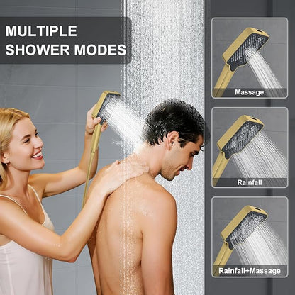 Shower System 13-Inch Rainfall Shower Head - 3 Setting Handheld Sprayer, Complete Bathroom Set with Faucet Mixer Trim Kit & Valve Brushed Gold