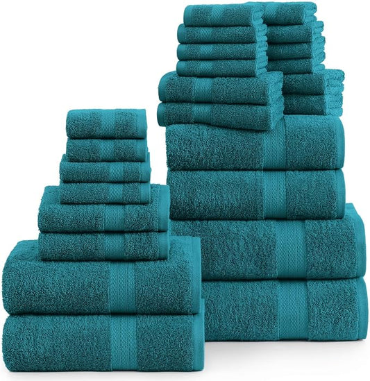 LANE LINEN 100% Cotton Bathroom Towels Set - 24 Piece - Durable, Quick Dry, Soft & Highly Absorbent - 4 Bath, 4 Fingertip, 6 Hand Towel, 8 Washcloths, 2 Bath Sheets - Sustainbly Produced - Sea Port