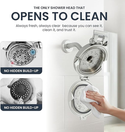 Shower Clear-The World’s Only Cleanable Shower Head with Patented Open-Clean Design to Reduce Moisture and Buildup, High Pressure Flow, Universal Fit -Nickel (1.1 lbs, 5.5 inches)