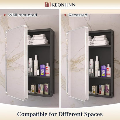 Keonjinn 24 x 32 Inch Chrome Recessed Medicine Cabinets, Bathroom Mirrored Medicine Cabinet, Silver Stainless Steel Framed, Adjustable Shelves, in Wall or Surface Mount, Sturdy & Heavy, Farmhouse