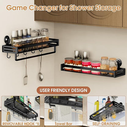 Shower Caddy Suction Cup, 15.8 inch 2 Pack Suction Shower Shelf with Hooks NO-Drilling Bathroom Holder, Rustproof Bathroom Organizer, Black,Includes 2 Extra Suction Cups for Replacement Use