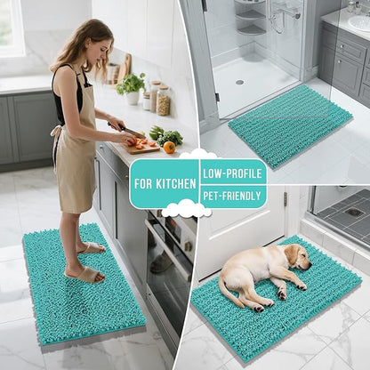 Yimobra Bathroom Rugs Non Slip Washable - Ultra Soft Absorbent Chenille Bath Mat, Quick Dry Shaggy Floor Carpet for Tub Shower, Lake Blue Home Decor Accessories, 24x17 Inch