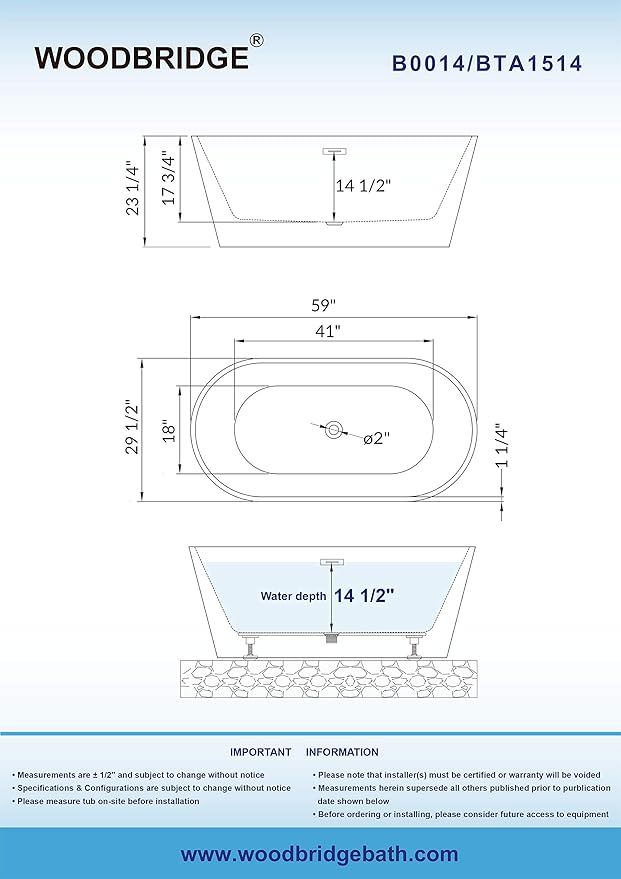 WOODBRIDGE 59" Acrylic Freestanding Bathtub Contemporary Soaking Tub, White Acrylic (Oil Rubbed Bronze Drain/Overflow),B0014 ORB Drain &O