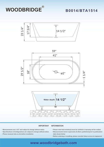 WOODBRIDGE 59" Acrylic Freestanding Bathtub Contemporary Soaking Tub, White Acrylic (Oil Rubbed Bronze Drain/Overflow),B0014 ORB Drain &O