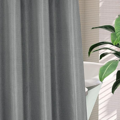 MitoVilla Black Waffle Small Stall Shower Curtain Liner Set 36 x 74, No Hooks Required Half Size Narrow Fabric Shower Curtain Set with Snap-in Liner for Modern Farmhouse Bathroom Decor