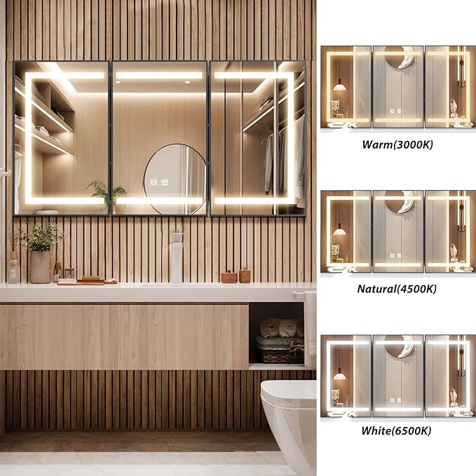 APRILSOUL 48X32 Inch Black Bathroom Medicine Cabinet with Mirror, Recessed or Surface Lighted Medicine Cabinet with 3 Colors Temperature, Dimmable Light