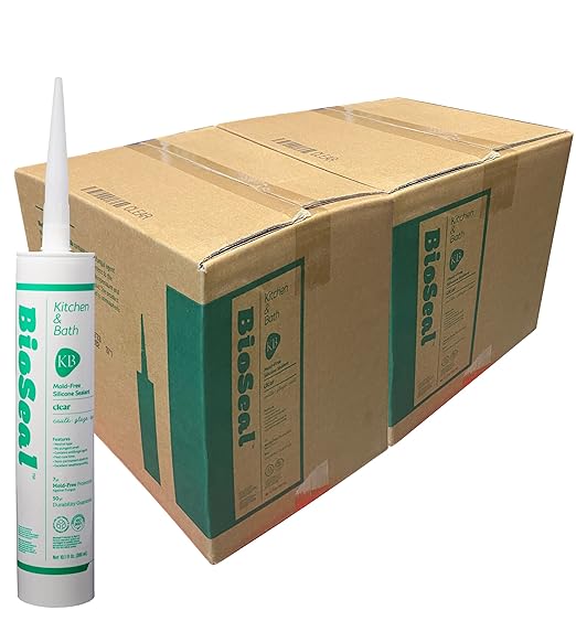 Clear BioSeal 100% Silicone Sealant Caulk Kitchen and Bath Grade, Waterproof and No Odor No Color Change 10.1 Ounce Cartridge, 50 Clear Tubes Set / 2 Boxes