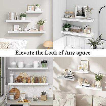 Floating Shelves for Wall, 9.3" Deep Wall Mounted Wood Shelves for Bathroom, Bedroom, Living Room, Kitchen, Hanging Shelf for Books/Storage/Room Decor (White, 55")
