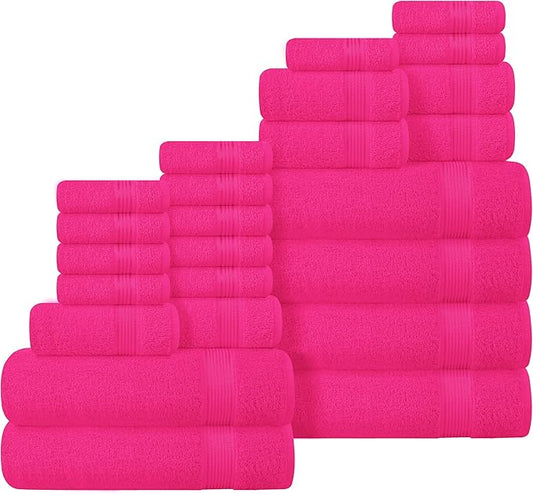 Belizzi Home 100% Cotton Towel Set, Contains 6 Soft Bath Towel, 6 Hand Towels, 12 Wash Cloths - Compact Absorbent Lightweight & Quickdry Towels for Bathroom - 24 Piece Bathroom Towel Set - Hot Pink