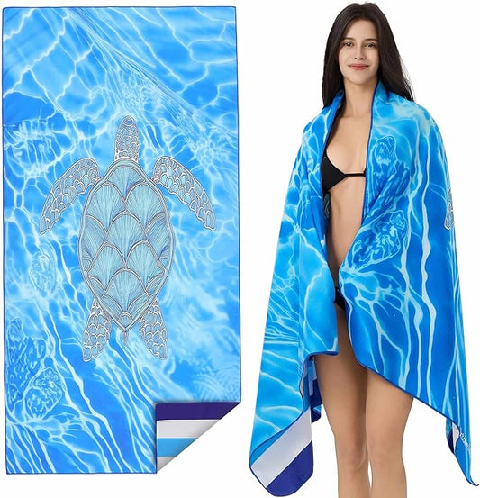 Microfiber Extra Large, Oversized Cute Turtle/Shark Beach Towels (70''x35'') - 2 Pack XL Quick Dry Striped Towels for Adults，Sand Free for Pool, Spa, Swim & Travel - Ultra Soft & Lightweight
