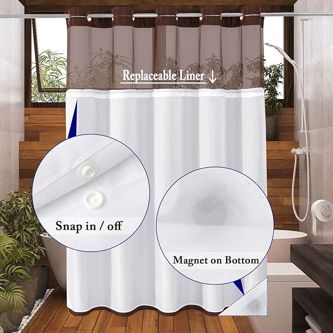 Gibelle Long Shower Curtain 72x80, Waffle Weave Bathroom Shower Curtain with Snap-in Fabric Liner Set, No Hooks Needed, Hotel Style with Mesh Top Window, Brown