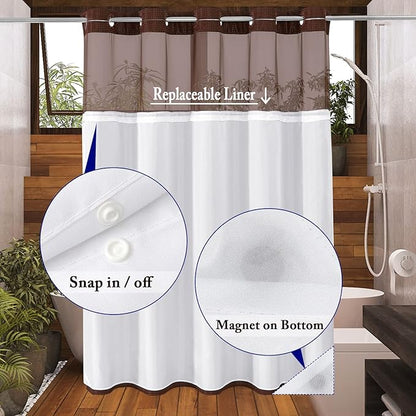 Gibelle Extra Long Shower Curtain 72x86, Waffle Weave Bathroom Shower Curtain with Snap-in Fabric Liner Set, No Hooks Needed, Hotel Style with Mesh Top Window, Brown