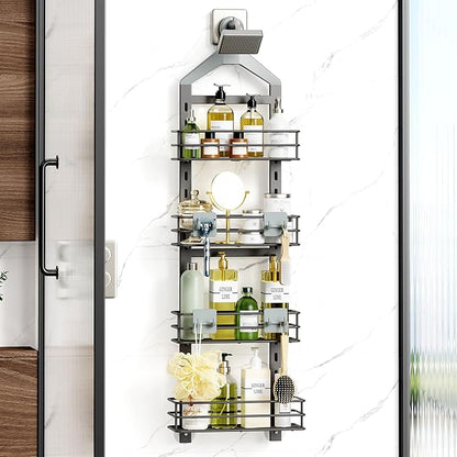 Orimade 4 Tier Adjustable Anti-slip Shower Caddy over Shower Head,Rustproof Bathroom Hanging shower Organizer with 4 Hooks for Razor,No Drilling Shower shelves Storage Rack,Grey
