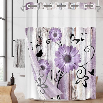 No Hook Purple Flower Shower Curtain with Snap in Fabric Liner Set, Rustic Farmhouse Daisy Double Layers Waterproof Fabric with See Through Top Window Open Grommet Bath Curtain 71x74 Inch