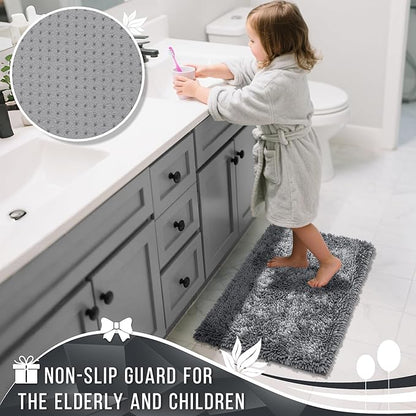 Yimobra Luxury Chenille Bathroom Rug Mat, Extra Soft and Absorbent Shaggy Bath Rugs Non Slip, Machine Washble Dry, Plush Floor Carpet for Tub, Shower, and Bath Room, 44x24 Inch, Silver