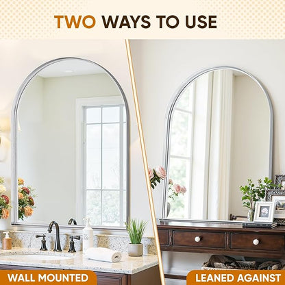 Arched Mirror 24"x36", Bathroom Mirror, Wall Mounted Vanity Mirror with Arch Metal Frame for Bathroom, Over Sink, Bedroom, Living Room, Deep Frame, Silver