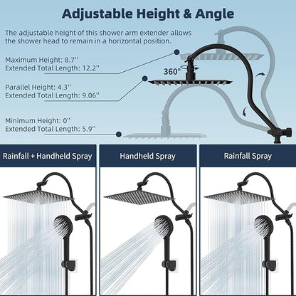Hibbent 12'' All Metal CUPC Certified Shower Head, High Pressure Rainfall Shower Head, Handheld Showerhead Combo, 12'' Adjustable Extension Arm, 10-Spray, 71'' Hose, Showerhead Holder, Matte Black