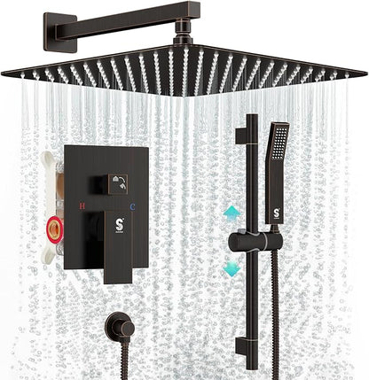 SR SUN RISE 12 Inch Oil Rubbed Bronze Shower Faucet Set, Wall-Mount Adjustable 16-Inch Slide Bar with Square Hand Shower System Included Valve and Trim Kit