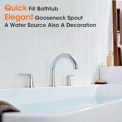 Roman Bathtub Faucet with Rough-in Valve 3 Hole Widespread Deck Mount Bath Faucet Set High Flow Rate 2 Handle Tub Filler Trim Kit Brass High Arc Tub Faucet Polished Chrome (WT-9807CP)