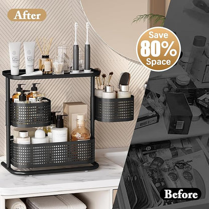 KINGRACK Bathroom Counter Organizer, 3 Tier Rotating Vanity Bedroom Storage cabinet, Cosmetic Holder Standing Shelf, Bathroom Tray for Countertop Storage, Kitchen Spice Rack, Black
