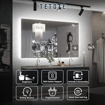 TETOTE 40 x 24 Inch LED Backlit Bathroom Vanity Mirror with Light,Anti-Fog,Dimmable,CRI90+,Touch Button,Water Proof,Horizontal/Vertical,Wall Mounted Lighted Mirror