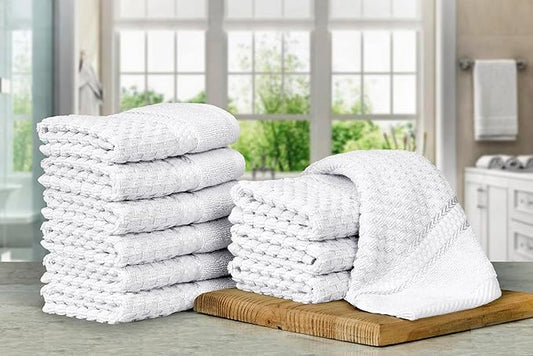Ample Decor Christmas White Wash Cloth Set of 10 100% Cotton - Popcorn Textured - Mulaayam Collection - 12 X 12 Inch