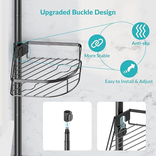 Shower Caddy Tension Pole, 4-Tier Adjustable Corner Shower Standing Caddy, Rustproof Rack for Bathroom Bathtub, with 4 Shelves, No Drilling Corner Bathroom Shelf for Inside (Black)